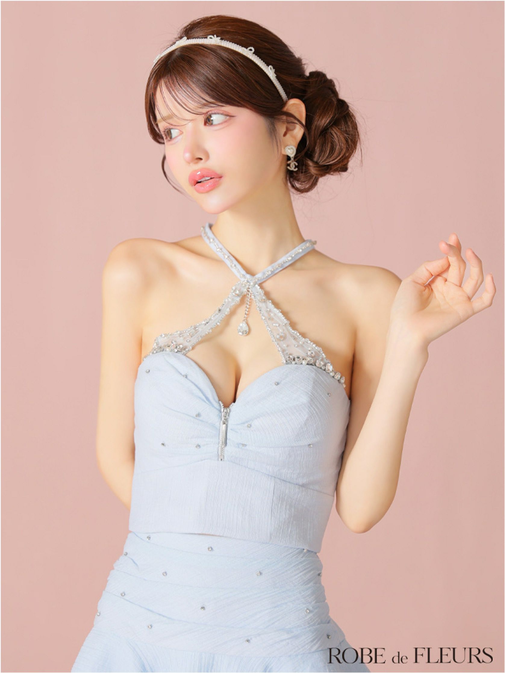 ROBE de FLEURS ローブドフルール ビジューホルターシフォンフレアミニキャバドレス fm4103-c