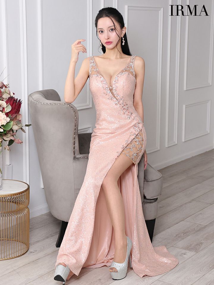 IRMA イルマ スパンコールラメニット/サイドシアー/アシンメトリーバストカット/スリット入り/タイト ロングドレス ir51822-c