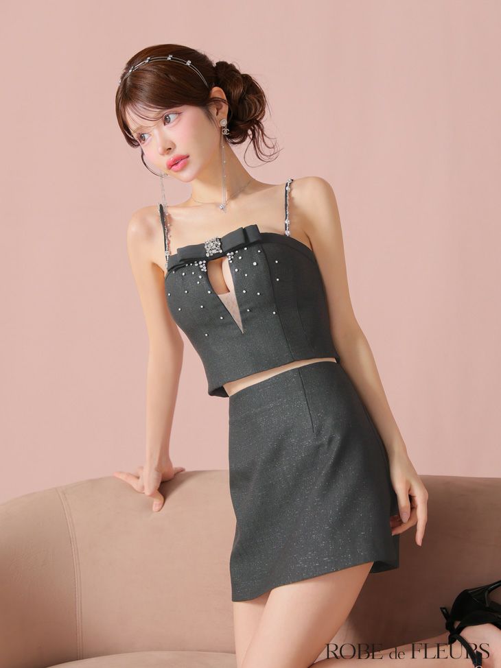 ROBE de FLEURS ローブドフルール ビジューリボンセットアップタイトミニキャバドレス fm3456-c