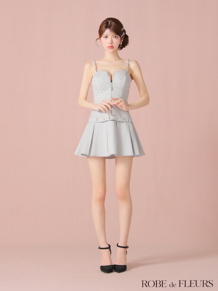 ROBE de FLEURS ローブドフルール ラメツイルベルトプリーツミニキャバドレス fm4104-c