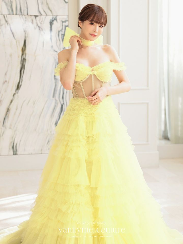 【2点セット】vanityME.couture. バニティミークチュール オフショル チュール ビジューライン ヌードベース リボンショール付き プリンセス 姫 ロングドレス バースデードレス イエロー vctr-l-a1150-3