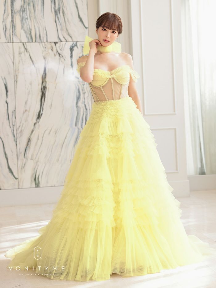 【2点セット】vanityME.couture. バニティミークチュール オフショル チュール ビジューライン ヌードベース リボンショール付き プリンセス 姫 ロングドレス バースデードレス イエロー vctr-l-a1150-3