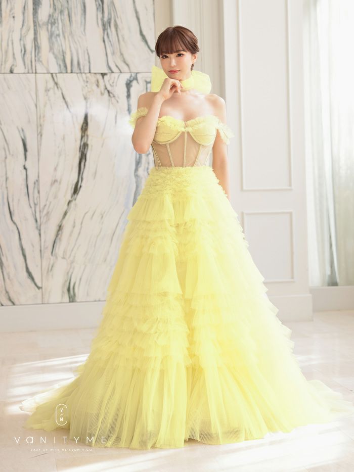 【2点セット】vanityME.couture. バニティミークチュール オフショル チュール ビジューライン ヌードベース リボンショール付き プリンセス 姫 ロングドレス バースデードレス イエロー vctr-l-a1150-3
