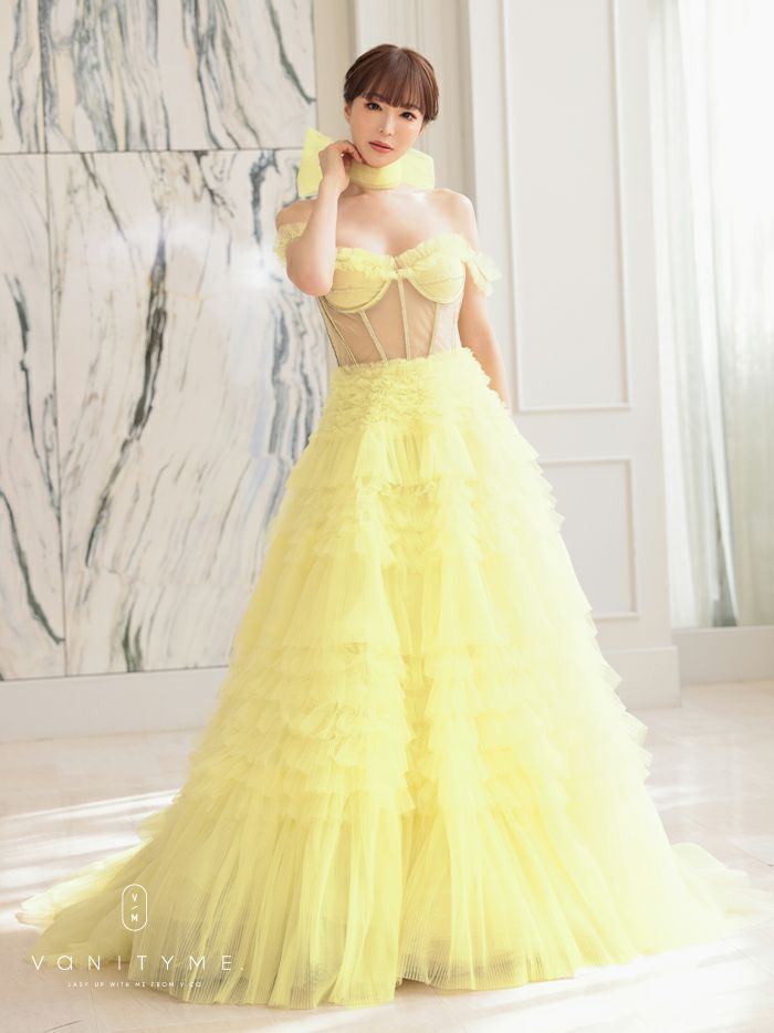 【2点セット】vanityME.couture. バニティミークチュール オフショル チュール ビジューライン ヌードベース リボンショール付き プリンセス 姫 ロングドレス バースデードレス イエロー vctr-l-a1150-3