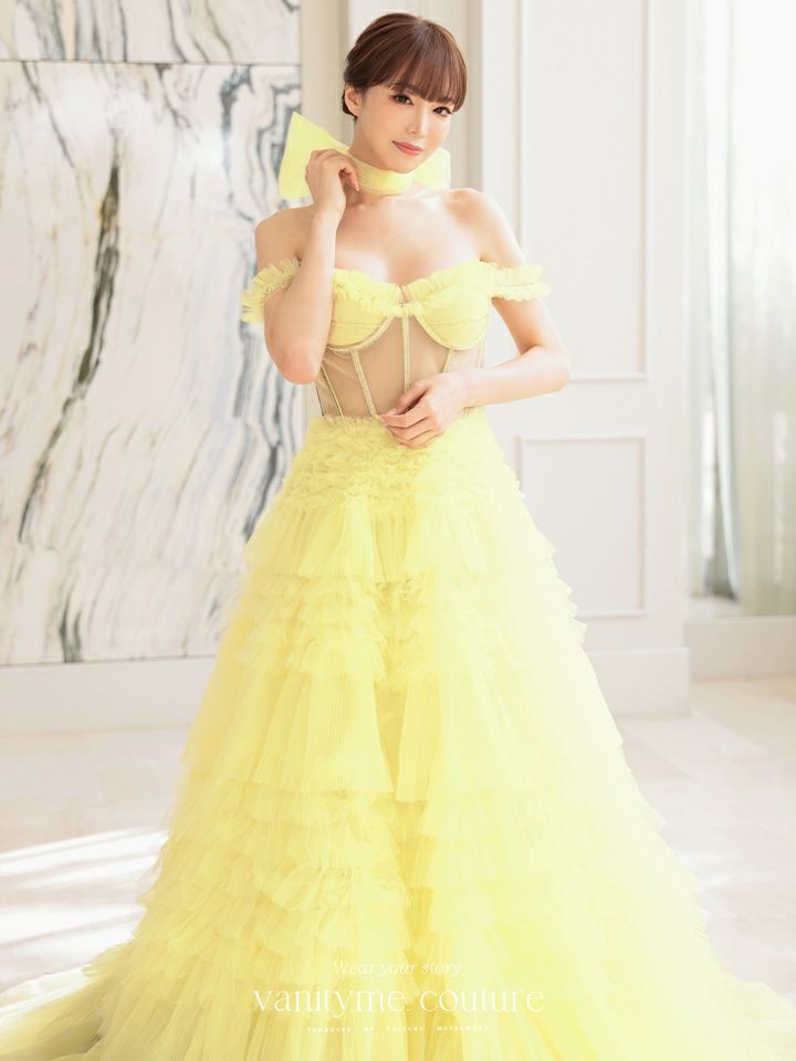 【2点セット】vanityME.couture. バニティミークチュール オフショル チュール ビジューライン ヌードベース リボンショール付き プリンセス 姫 ロングドレス バースデードレス イエロー vctr-l-a1150-3