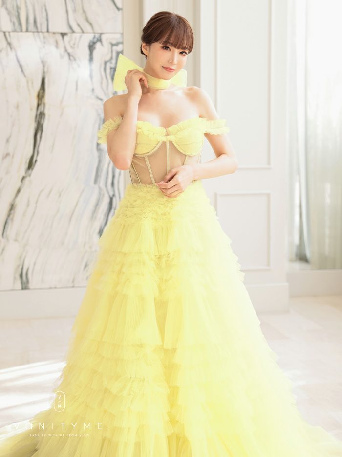 【2点セット】vanityME.couture. バニティミークチュール オフショル チュール ビジューライン ヌードベース リボンショール付き プリンセス 姫 ロングドレス バースデードレス イエロー vctr-l-a1150-3