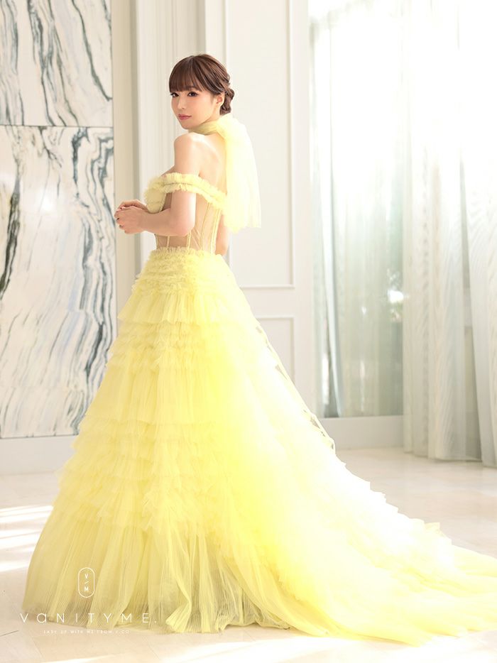 【2点セット】vanityME.couture. バニティミークチュール オフショル チュール ビジューライン ヌードベース リボンショール付き プリンセス 姫 ロングドレス バースデードレス イエロー vctr-l-a1150-3