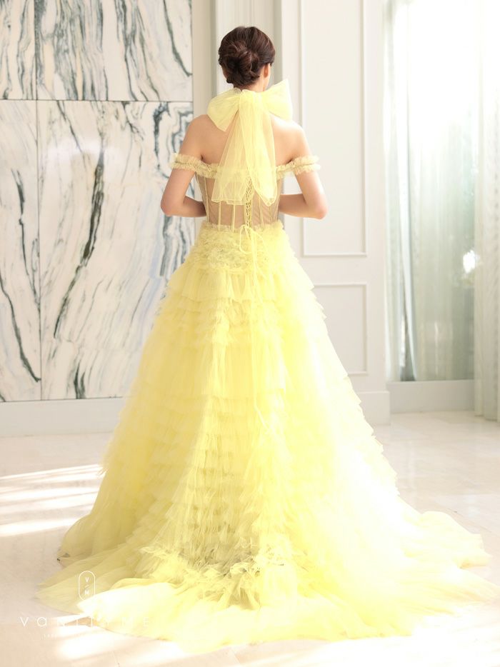 【2点セット】vanityME.couture. バニティミークチュール オフショル チュール ビジューライン ヌードベース リボンショール付き プリンセス 姫 ロングドレス バースデードレス イエロー vctr-l-a1150-3