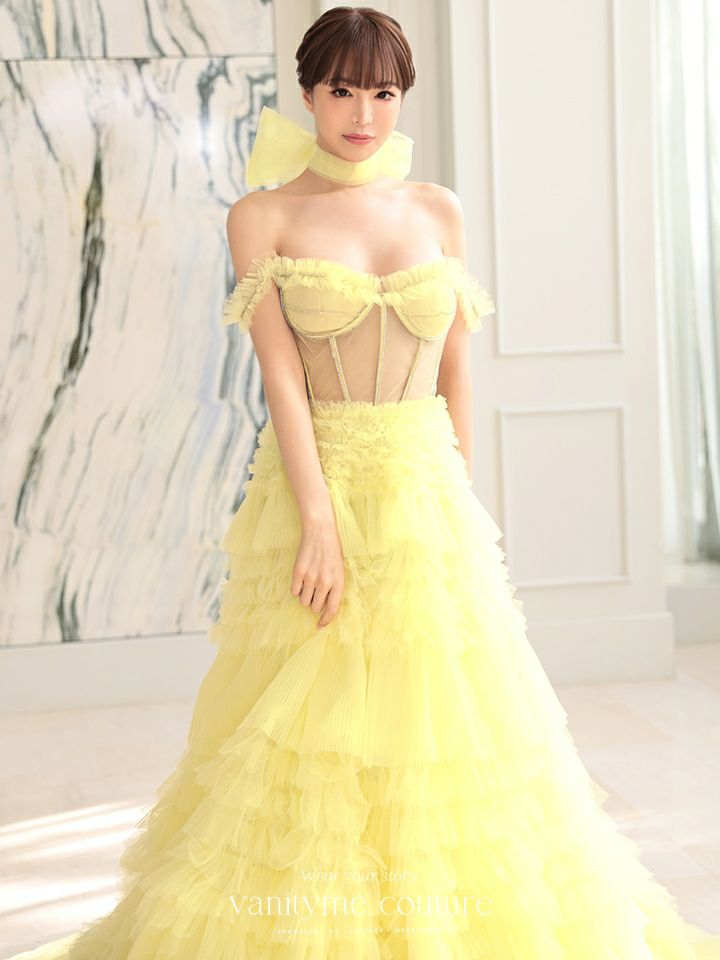 【2点セット】vanityME.couture. バニティミークチュール オフショル チュール ビジューライン ヌードベース リボンショール付き プリンセス 姫 ロングドレス バースデードレス イエロー vctr-l-a1150-3