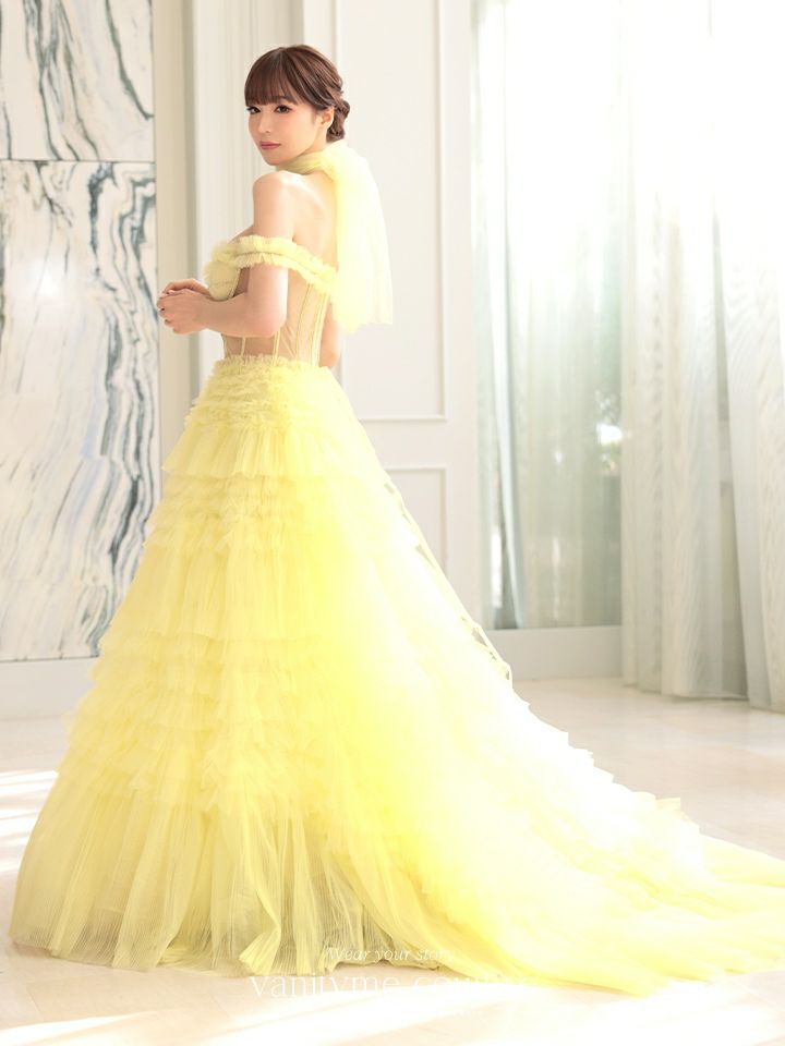【2点セット】vanityME.couture. バニティミークチュール オフショル チュール ビジューライン ヌードベース リボンショール付き プリンセス 姫 ロングドレス バースデードレス イエロー vctr-l-a1150-3