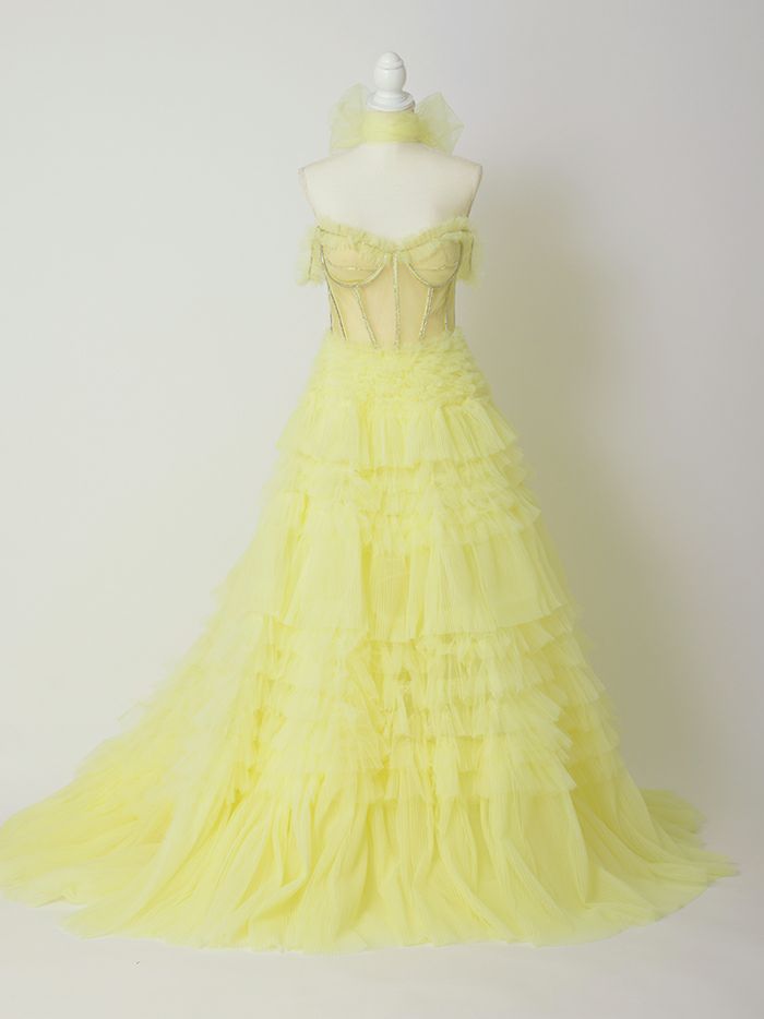 【2点セット】vanityME.couture. バニティミークチュール オフショル チュール ビジューライン ヌードベース リボンショール付き プリンセス 姫 ロングドレス バースデードレス イエロー vctr-l-a1150-3
