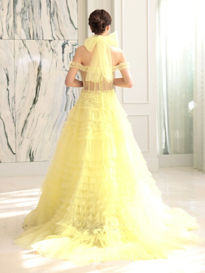 【2点セット】vanityME.couture. バニティミークチュール オフショル チュール ビジューライン ヌードベース リボンショール付き プリンセス 姫 ロングドレス バースデードレス イエロー vctr-l-a1150-3