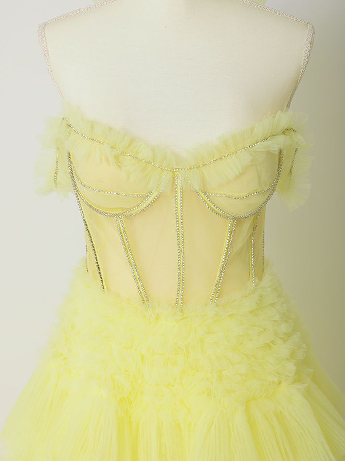 【2点セット】vanityME.couture. バニティミークチュール オフショル チュール ビジューライン ヌードベース リボンショール付き プリンセス 姫 ロングドレス バースデードレス イエロー vctr-l-a1150-3