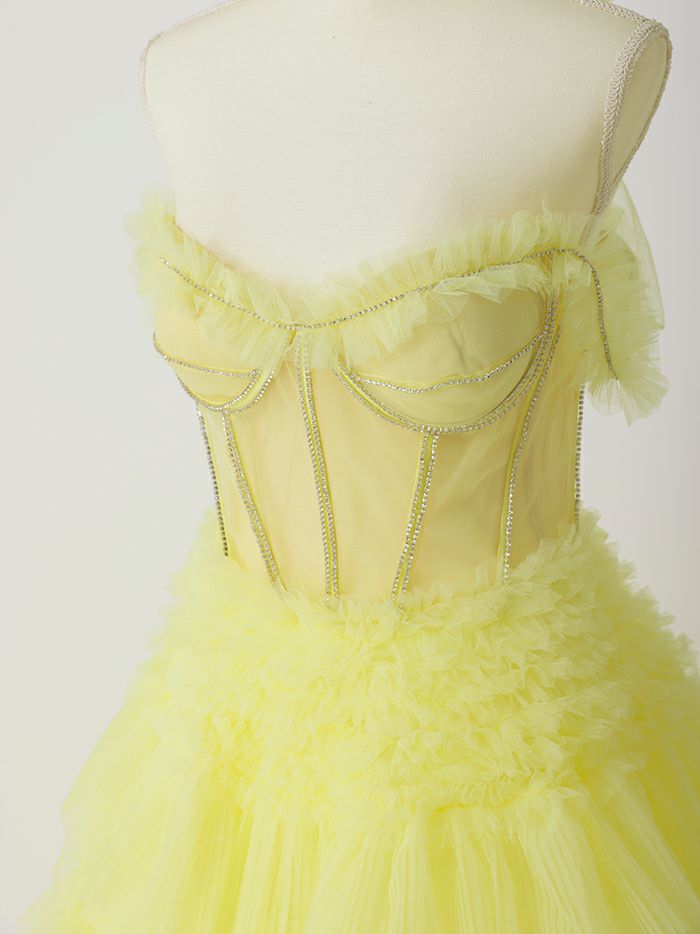 【2点セット】vanityME.couture. バニティミークチュール オフショル チュール ビジューライン ヌードベース リボンショール付き プリンセス 姫 ロングドレス バースデードレス イエロー vctr-l-a1150-3