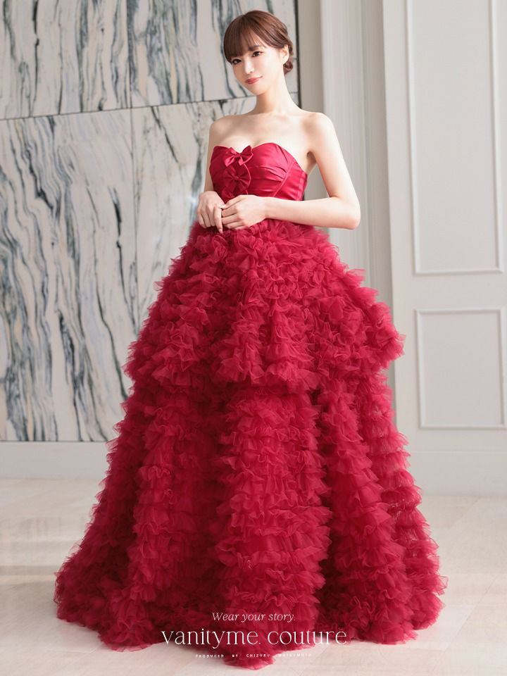 vanityME.couture. バニティミークチュール リボンモチーフ サテン 2段ボリュームフリル プリンセス 姫 ロングドレス バースデードレス レッド vctr-t-25011-2