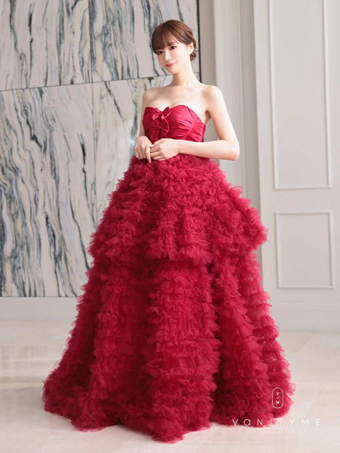 vanityME.couture. バニティミークチュール リボンモチーフ サテン 2段ボリュームフリル プリンセス 姫 ロングドレス バースデードレス レッド vctr-t-25011-2