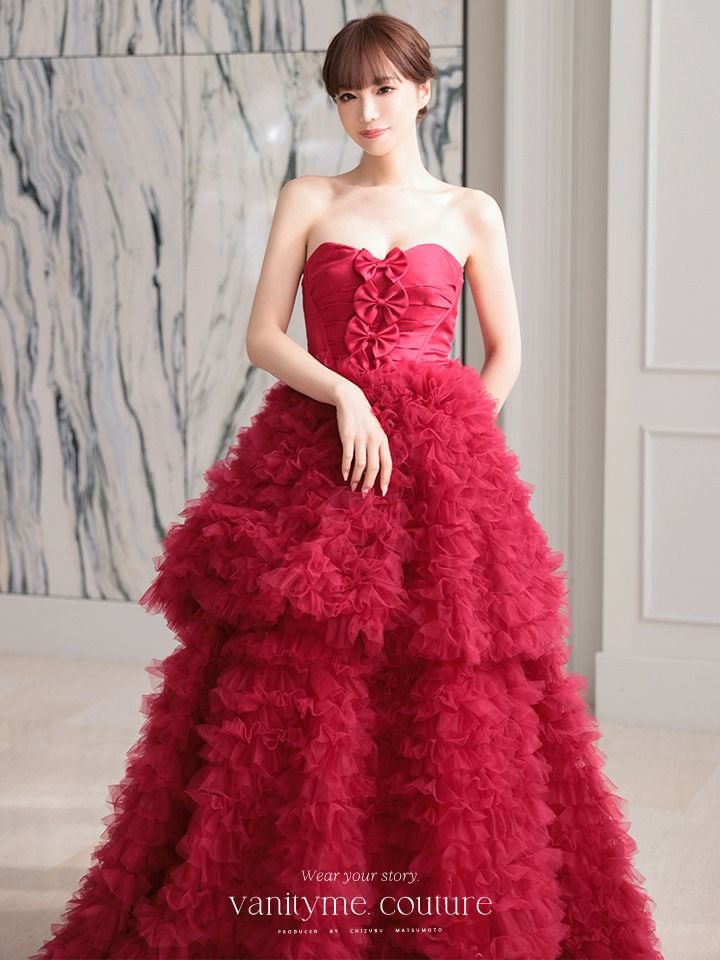 vanityME.couture. バニティミークチュール リボンモチーフ サテン 2段ボリュームフリル プリンセス 姫 ロングドレス バースデードレス レッド vctr-t-25011-2