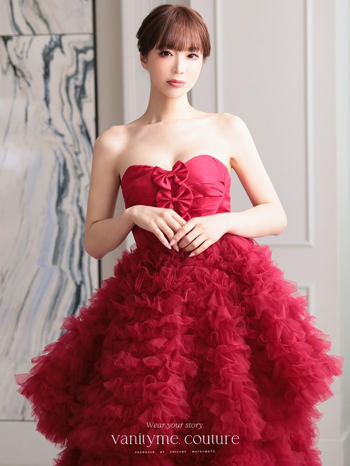 vanityME.couture. バニティミークチュール リボンモチーフ サテン 2段ボリュームフリル プリンセス 姫 ロングドレス バースデードレス レッド vctr-t-25011-2