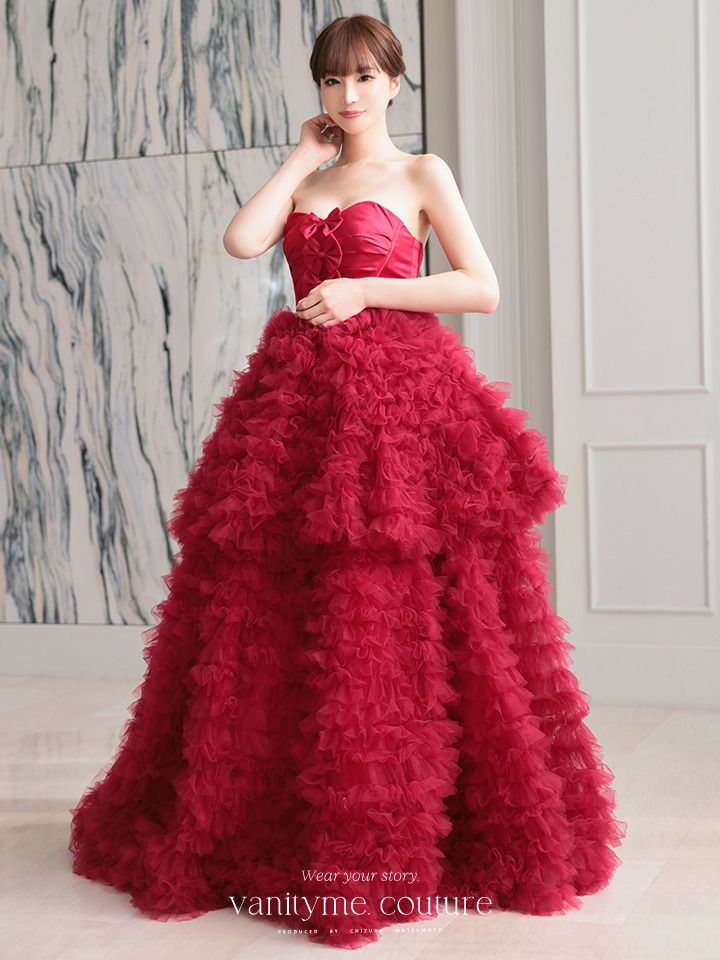 vanityME.couture. バニティミークチュール リボンモチーフ サテン 2段ボリュームフリル プリンセス 姫 ロングドレス バースデードレス レッド vctr-t-25011-2