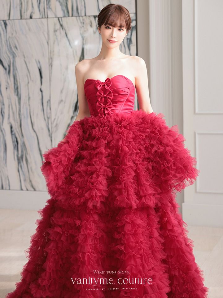 vanityME.couture. バニティミークチュール リボンモチーフ サテン 2段ボリュームフリル プリンセス 姫 ロングドレス バースデードレス レッド vctr-t-25011-2