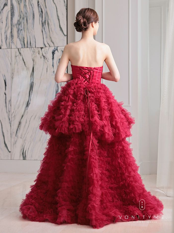 vanityME.couture. バニティミークチュール リボンモチーフ サテン 2段ボリュームフリル プリンセス 姫 ロングドレス バースデードレス レッド vctr-t-25011-2