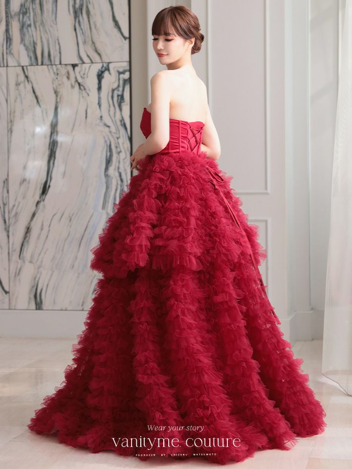 vanityME.couture. バニティミークチュール リボンモチーフ サテン 2段ボリュームフリル プリンセス 姫 ロングドレス バースデードレス レッド vctr-t-25011-2