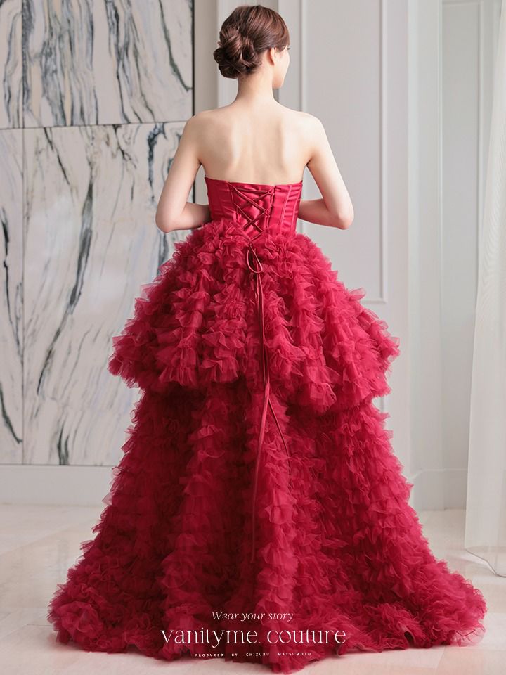 vanityME.couture. バニティミークチュール リボンモチーフ サテン 2段ボリュームフリル プリンセス 姫 ロングドレス バースデードレス レッド vctr-t-25011-2