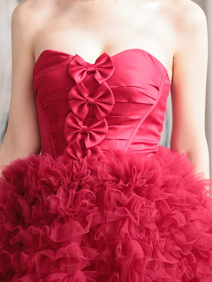 vanityME.couture. バニティミークチュール リボンモチーフ サテン 2段ボリュームフリル プリンセス 姫 ロングドレス バースデードレス レッド vctr-t-25011-2