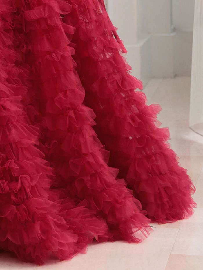 vanityME.couture. バニティミークチュール リボンモチーフ サテン 2段ボリュームフリル プリンセス 姫 ロングドレス バースデードレス レッド vctr-t-25011-2