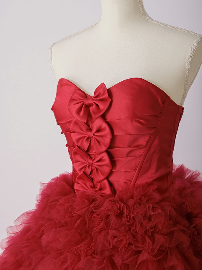 vanityME.couture. バニティミークチュール リボンモチーフ サテン 2段ボリュームフリル プリンセス 姫 ロングドレス バースデードレス レッド vctr-t-25011-2