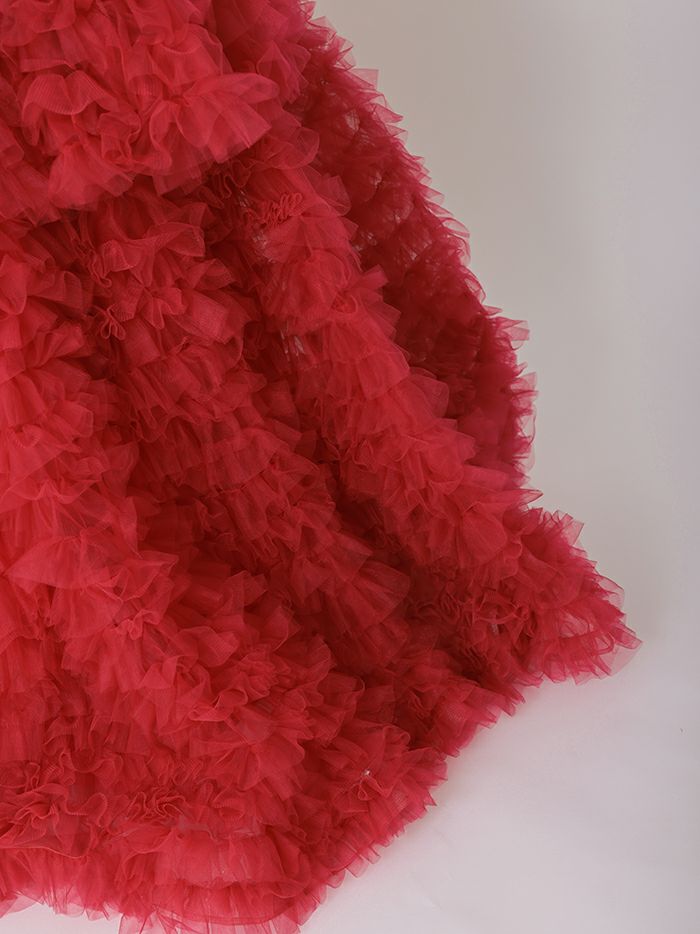 vanityME.couture. バニティミークチュール リボンモチーフ サテン 2段ボリュームフリル プリンセス 姫 ロングドレス バースデードレス レッド vctr-t-25011-2