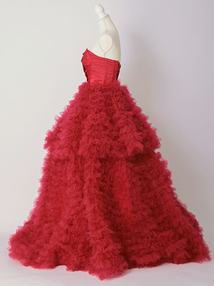 vanityME.couture. バニティミークチュール リボンモチーフ サテン 2段ボリュームフリル プリンセス 姫 ロングドレス バースデードレス レッド vctr-t-25011-2