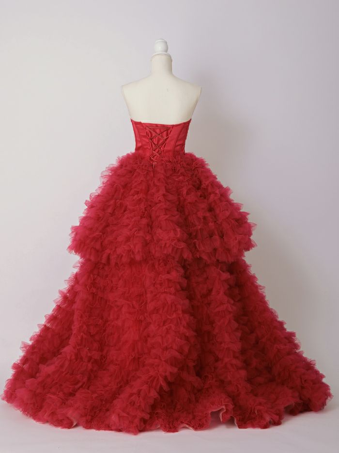 vanityME.couture. バニティミークチュール リボンモチーフ サテン 2段ボリュームフリル プリンセス 姫 ロングドレス バースデードレス レッド vctr-t-25011-2