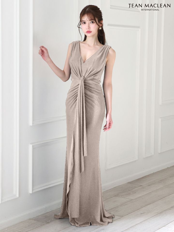 JEAN MACLEAN ジャンマクレーン ワンカラー/ラメニット/カシュクール/アシンメトリースリット/ロングドレス ja51824-c
