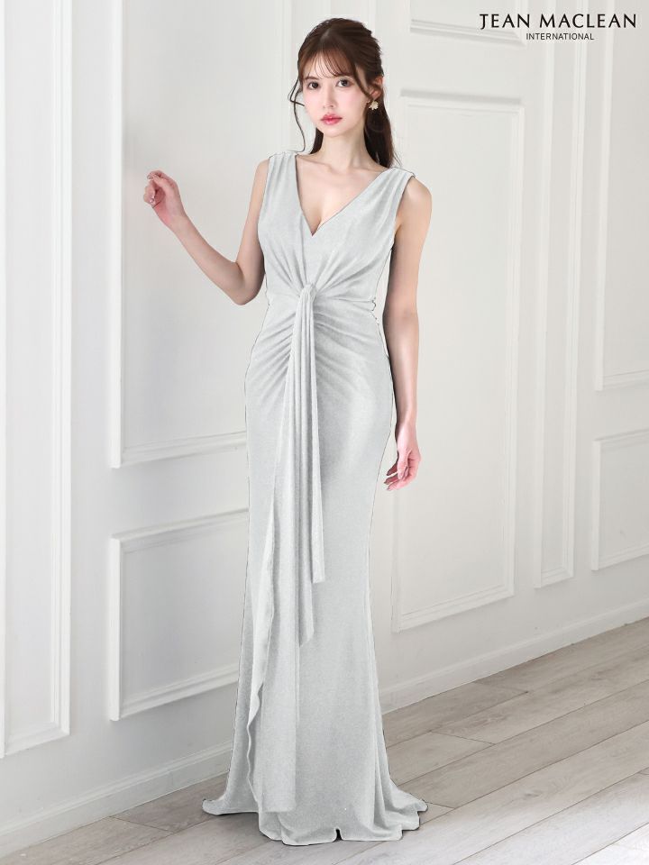 JEAN MACLEAN ジャンマクレーン ワンカラー/ラメニット/カシュクール/アシンメトリースリット/ロングドレス ja51824-c