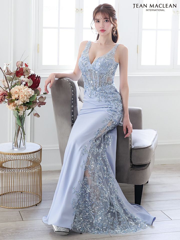 JEAN MACLEAN ジャンマクレーン コルセットレース/スパンコール刺繍/アシンメトリー/スリット入り/ロングドレス ja51826-c