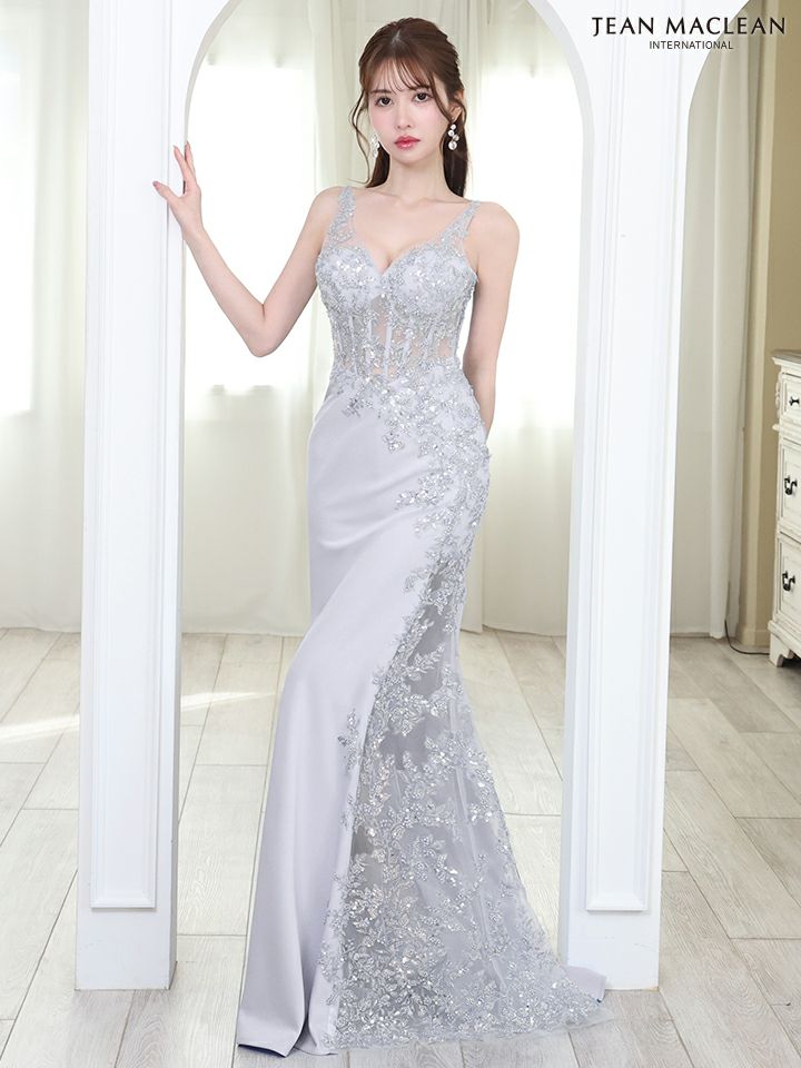 JEAN MACLEAN ジャンマクレーン コルセットレース/スパンコール刺繍/アシンメトリー/スリット入り/ロングドレス ja51826-c