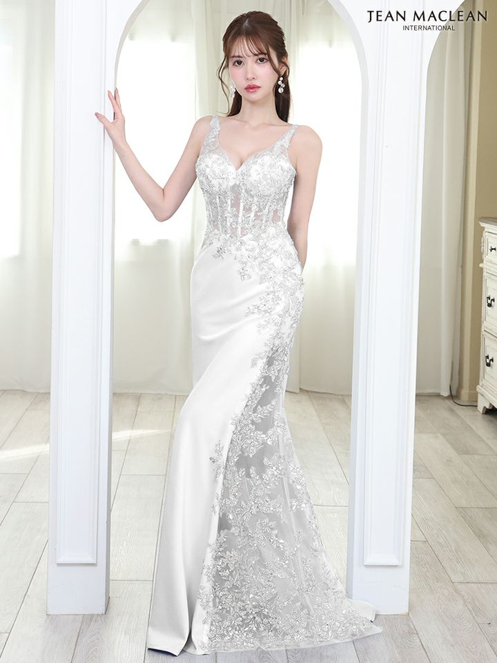 JEAN MACLEAN ジャンマクレーン コルセットレース/スパンコール刺繍/アシンメトリー/スリット入り/ロングドレス ja51826-c