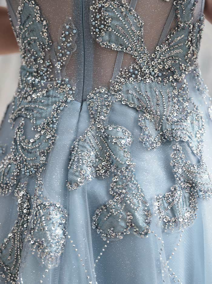 vanityME.couture. バニティミークチュール ベアトップ ビジュー ラインストーン スパンコール刺繍 ラメチュール プリンセス 姫 ロングドレス バースデードレス スモーキーブルー vctr-l-a1387-2