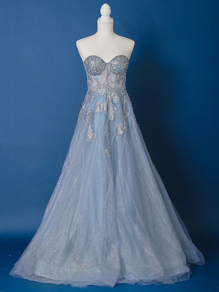vanityME.couture. バニティミークチュール ベアトップ ビジュー ラインストーン スパンコール刺繍 ラメチュール プリンセス 姫 ロングドレス バースデードレス スモーキーブルー vctr-l-a1387-2