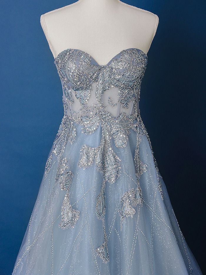 vanityME.couture. バニティミークチュール ベアトップ ビジュー ラインストーン スパンコール刺繍 ラメチュール プリンセス 姫 ロングドレス バースデードレス スモーキーブルー vctr-l-a1387-2