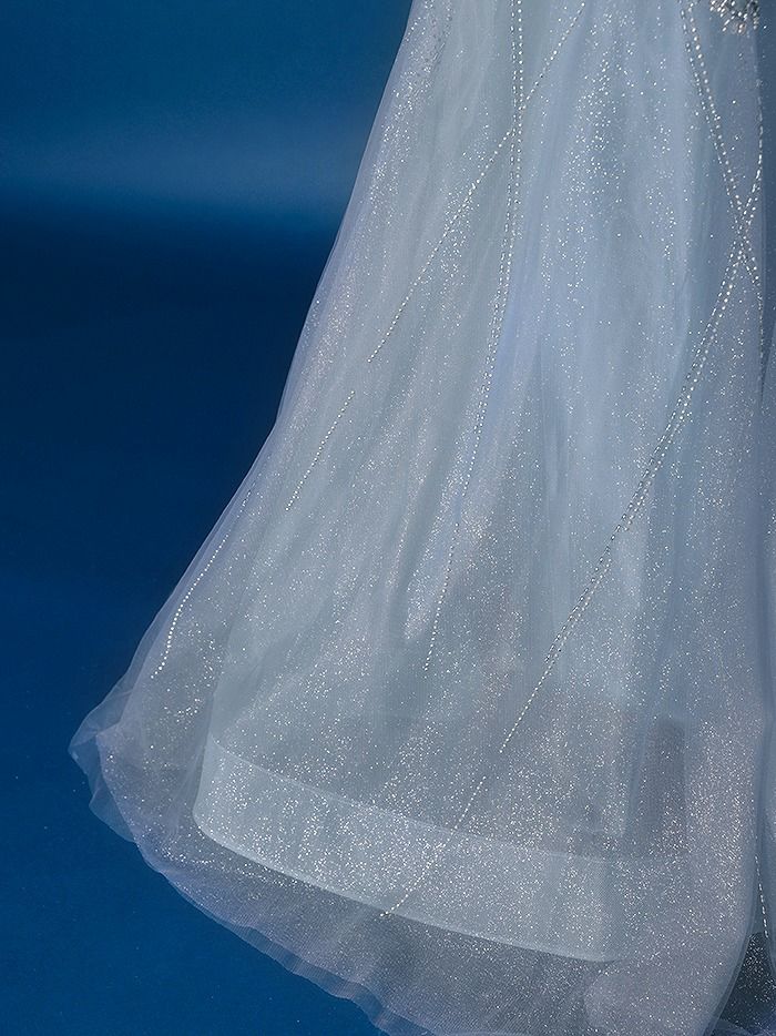vanityME.couture. バニティミークチュール ベアトップ ビジュー ラインストーン スパンコール刺繍 ラメチュール プリンセス 姫 ロングドレス バースデードレス スモーキーブルー vctr-l-a1387-2