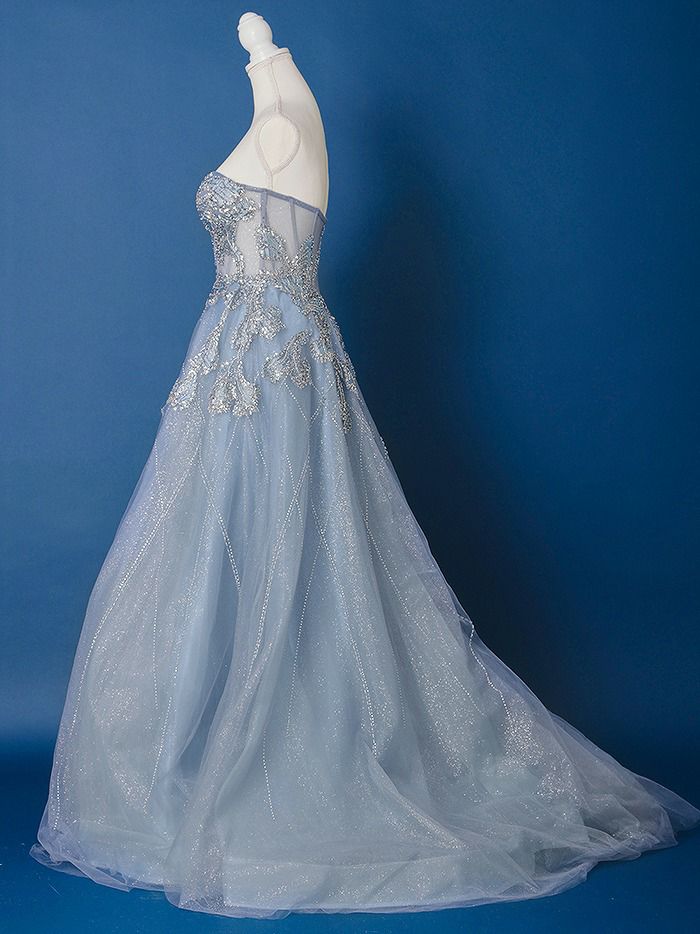 vanityME.couture. バニティミークチュール ベアトップ ビジュー ラインストーン スパンコール刺繍 ラメチュール プリンセス 姫 ロングドレス バースデードレス スモーキーブルー vctr-l-a1387-2