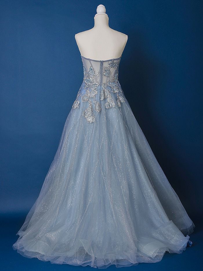 vanityME.couture. バニティミークチュール ベアトップ ビジュー ラインストーン スパンコール刺繍 ラメチュール プリンセス 姫 ロングドレス バースデードレス スモーキーブルー vctr-l-a1387-2
