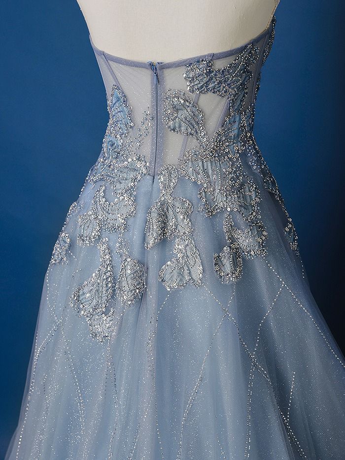 vanityME.couture. バニティミークチュール ベアトップ ビジュー ラインストーン スパンコール刺繍 ラメチュール プリンセス 姫 ロングドレス バースデードレス スモーキーブルー vctr-l-a1387-2
