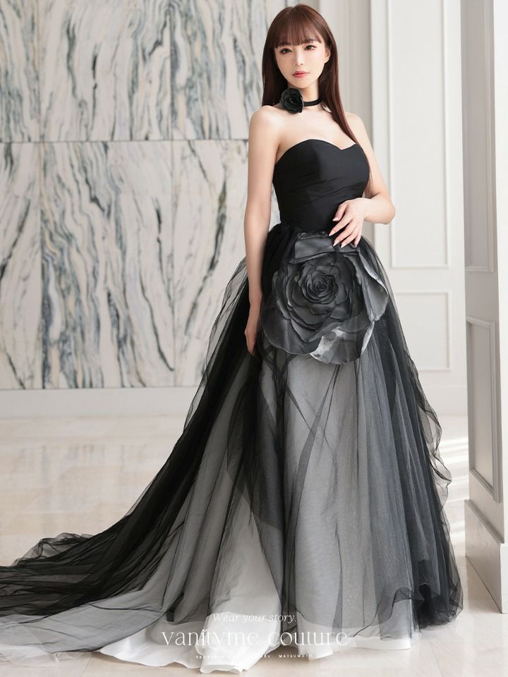 vanityME.couture. バニティミークチュール ビッグローズモチーフ チュールスカート ローズコサージュチョーカー付き プリンセス 姫 ロングドレス バースデードレス ブラック vctr-t-25012