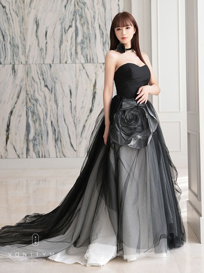vanityME.couture. バニティミークチュール ビッグローズモチーフ チュールスカート ローズコサージュチョーカー付き プリンセス 姫 ロングドレス バースデードレス ブラック vctr-t-25012