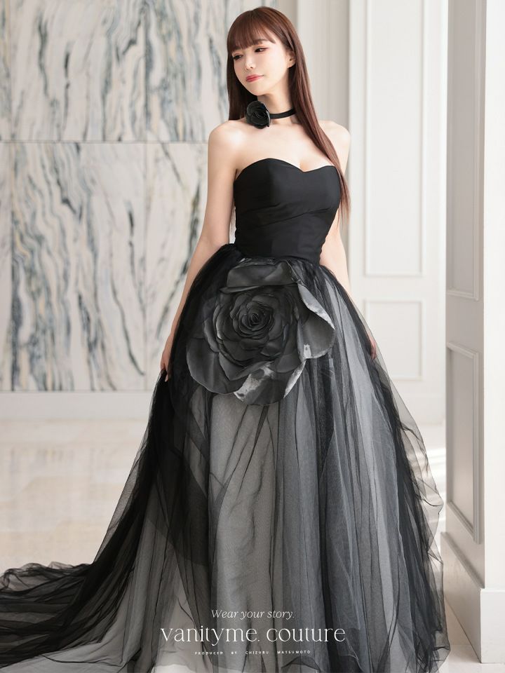 vanityME.couture. バニティミークチュール ビッグローズモチーフ チュールスカート ローズコサージュチョーカー付き プリンセス 姫 ロングドレス バースデードレス ブラック vctr-t-25012