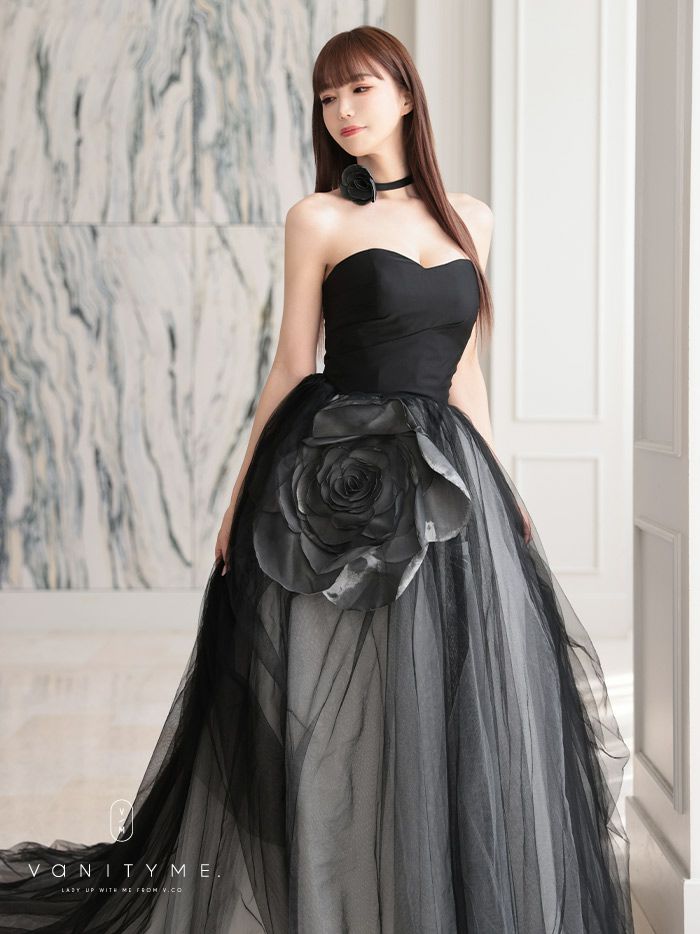 vanityME.couture. バニティミークチュール ビッグローズモチーフ チュールスカート ローズコサージュチョーカー付き プリンセス 姫 ロングドレス バースデードレス ブラック vctr-t-25012