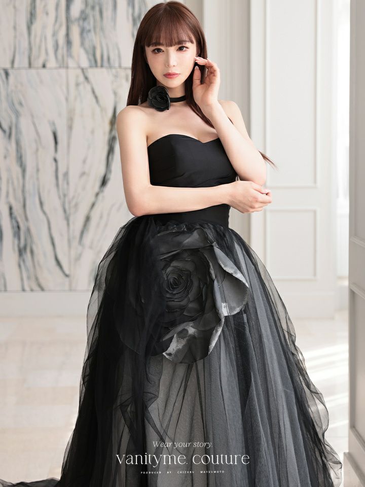 vanityME.couture. バニティミークチュール ビッグローズモチーフ チュールスカート ローズコサージュチョーカー付き プリンセス 姫 ロングドレス バースデードレス ブラック vctr-t-25012